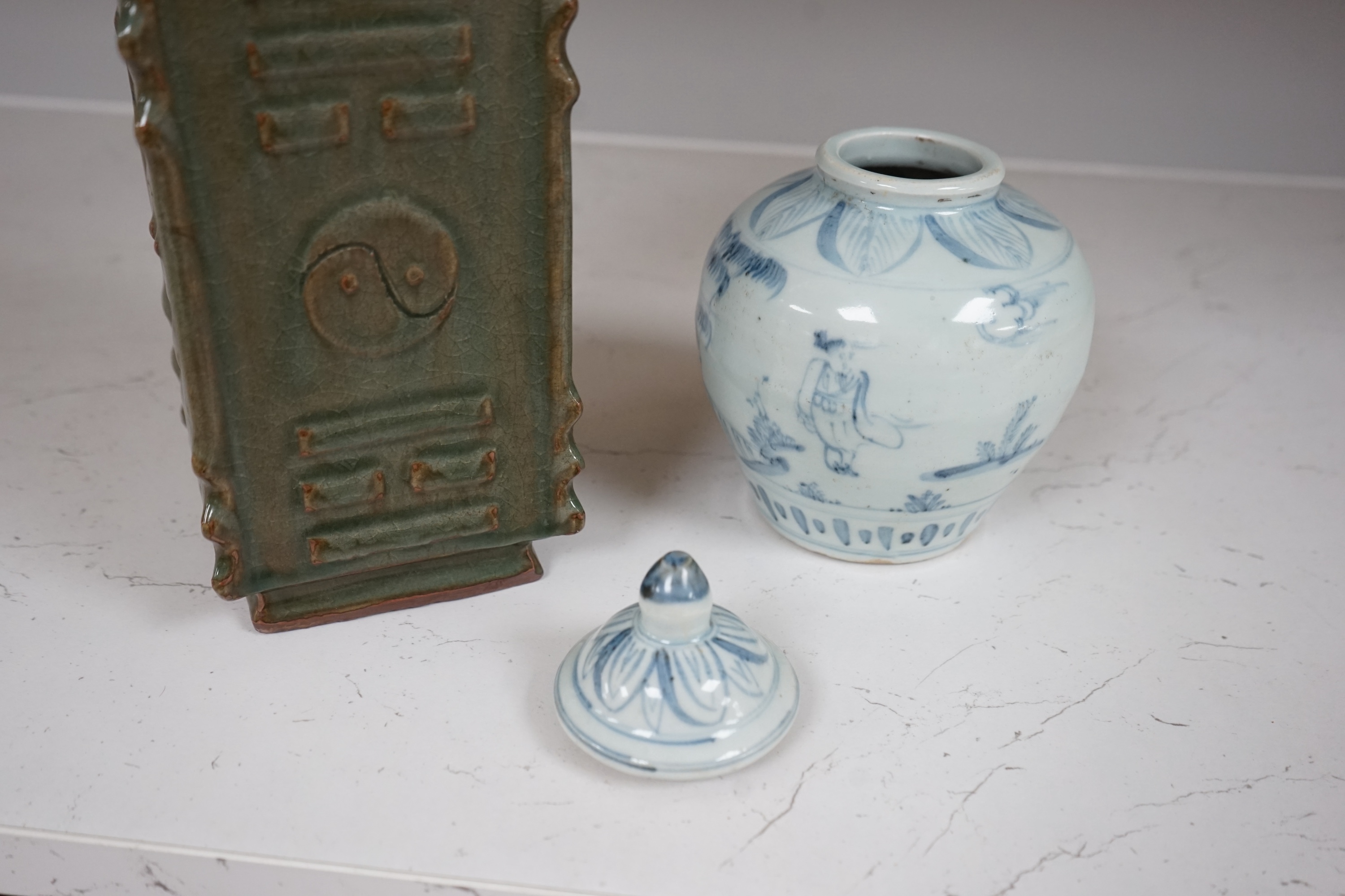 A Chinese celadon glazed cong vase and a blue and white jar and cover, tallest 22cm. Condition - good